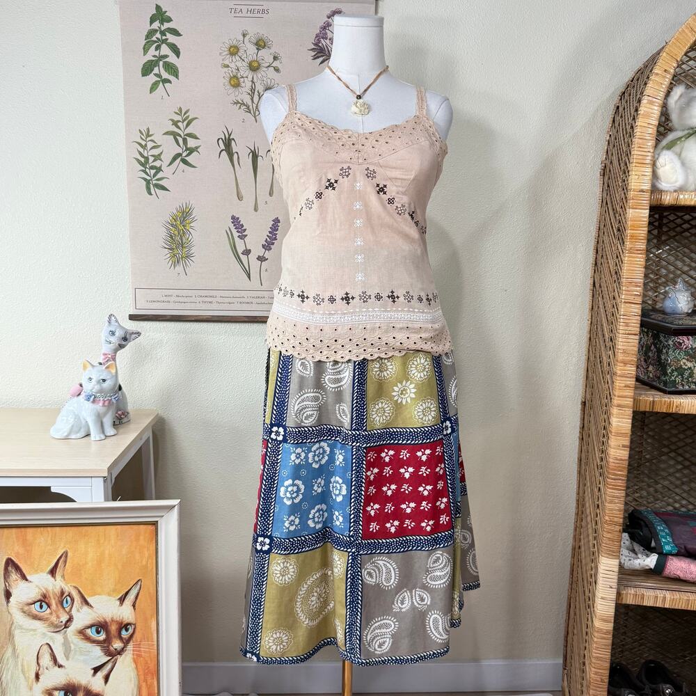 Vintage Patchwork Floral Midi Skirt Coastal Grandma Boho Hippie Fairy Cottage M